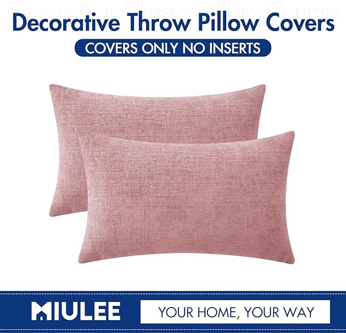 MIULEE Pack of 2 Couch Valentines Throw Pillow Covers 12x20 Inch Soft Spring Blush Pink Chenille Lumbar Pillow Covers for Sofa Living Room Solid Dyed Cases