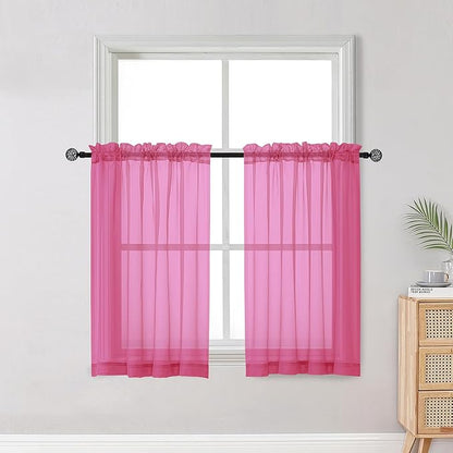 OWENIE Short Hot Pink Sheer Curtains 36 Inch Length 2 Panels Set, Kitchen Tiers Curtains Light Filter Rod Pocket Voile Cafe Curtain for Basement Bathroom Small Half Window, 42" W x 36" L, Hot Pink
