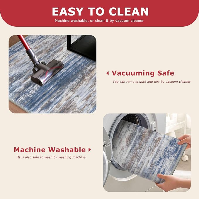 KOZYFLY Modern Abstract Runners for Hallways 2x6 Blue Rust Machine Washable Runner Rug for Entryway Non-Slip Kitchen Rug, Faux Wool Soft Low Pile Office Carpet for Dining Room, Bedroom, Bathroom