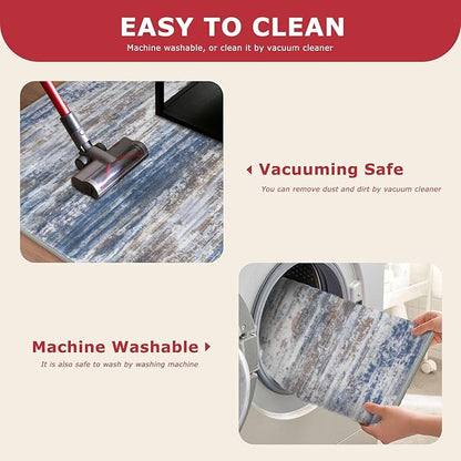 KOZYFLY Modern Abstract Runners for Hallways 2x6 Blue Rust Machine Washable Runner Rug for Entryway Non-Slip Kitchen Rug, Faux Wool Soft Low Pile Office Carpet for Dining Room, Bedroom, Bathroom