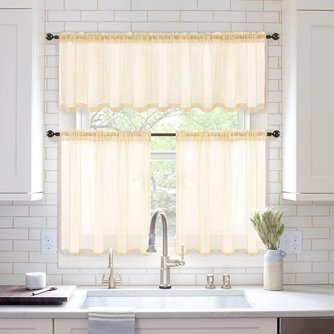 MIULEE 2 Panels Red Kitchen Tiers Half Window Sheer Curtains Rod Pocket Translucent Voile Drapes for Kitchen Bathroom Small Windows 29 by 36 Inch Cream Beige