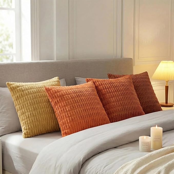 Fancy Homi Set of 4 Burnt Orange Fall Boho Decorative Throw Pillow Covers 24x24 Inch for Couch Bed Sofa, Aesthetic Modern Bohemian Room Decor, Soft Fuzzy Fluffy Cozy Corduroy Cushion Case 60x60cm