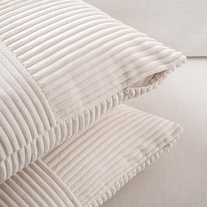 Fancy Homi 2 Packs Cream Lumbar Decorative Throw Pillow Covers 16x26 Inch for Living Room Couch Bed Sofa, Rustic Farmhouse Boho Home Decor, Soft Striped Corduroy Rectangle Accent Cushion Case