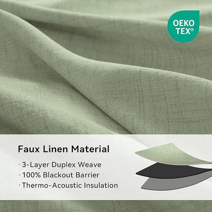 100% Blackout Shield Linen Blackout Curtains for Bedroom, Sage Green Grommet Curtains for Living Room, Thermal Insulated Room Darkening Drapes for Nursery, Boho Home Decor, 50" W x 90" L, 2 Panels