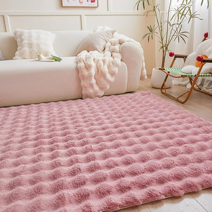 Pink Rabbit Plush Rug 5'x8', Fluffy Faux Fur Shaggy Area Rug for Nursery, Kids Room Decor, Soft Fuzzy Carpet for Living Room, Bedroom, Teen Girls Room