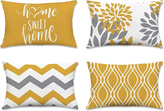 Hexagram Geometric Yellow Pillow Covers 12x20 Set of 4, Decorative Outdoor Boho Modern Throw Pillow Covers, Home Sweet Home Farmhouse Cushion Case for Couch Sofa Bedroom Indoor Decor(No Insert)