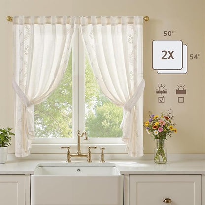 jinchan Belrose Linen Floral Cafe Curtains 54 Inch Length Embroidered Farmhouse Curtains for Kitchen Bedroom Bathroom Small Windows Curtain Set Light Filtering 2 Panels White