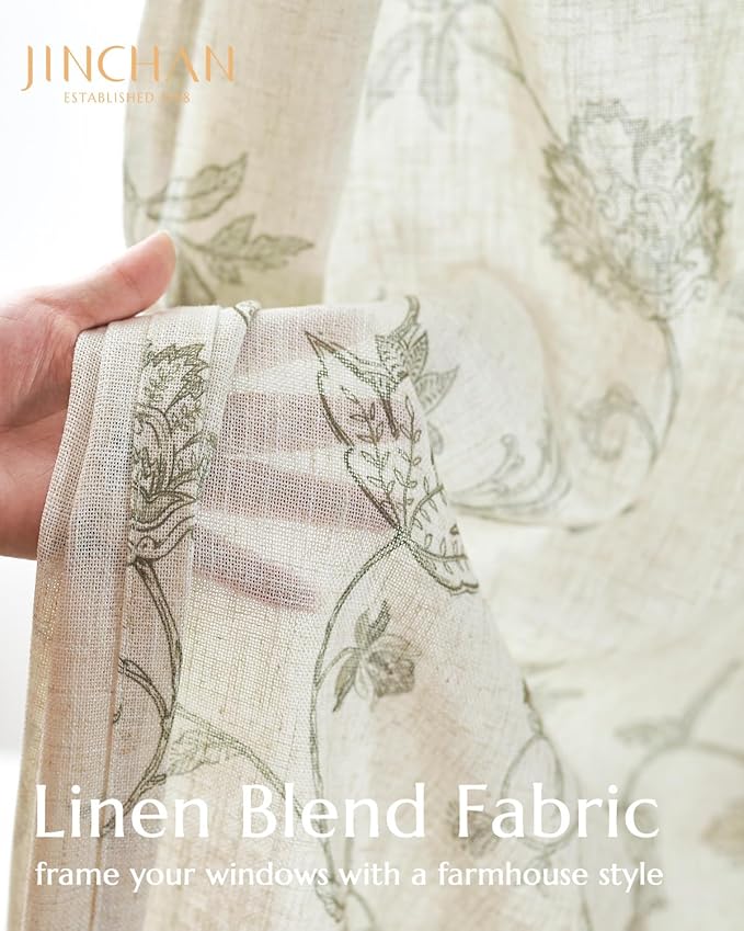 jinchan Linen Curtains Floral Curtain 84 Inch Length for Living Room Bedroom Light Filtering Rod Pocket Back Tab Jacobean Curtains Flax Linen Texture Window Drapes Set 2 Panels Green on Linen