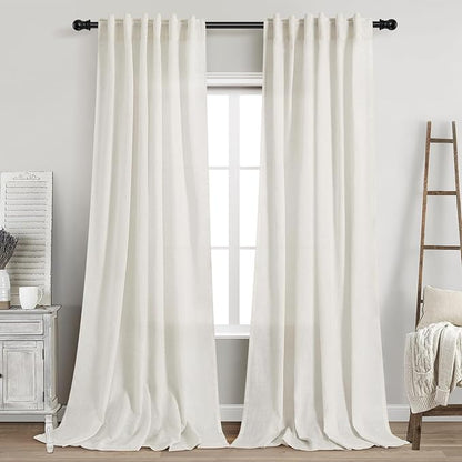 Cream Linen Curtains Back Tab Sheer Curtains 90 Inches Long for Living Room 2 Panels Rod Pocket Neutral Semi Sheer Light Filtering Pleated Curtain Drapes Cream Farmhouse Dining Room Curtain 42x90