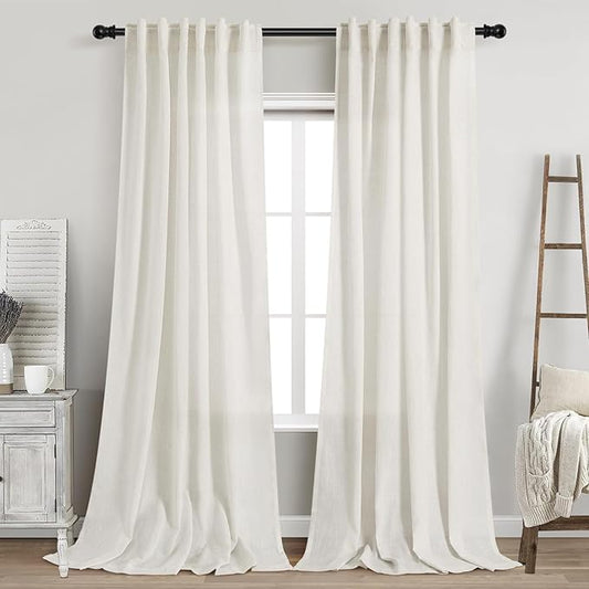 Cream Linen Curtains Back Tab Sheer Curtains 90 Inches Long for Living Room 2 Panels Rod Pocket Neutral Semi Sheer Light Filtering Pleated Curtain Drapes Cream Farmhouse Dining Room Curtain 42x90