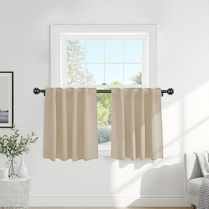 PONY DANCE Beige Valances Tiers for Kitchen - Short Room Darkening Small Curtains for Half Cafe Basement/Bathroom, 42 W x 36 Inches L, Biscotti Beige, Double Panels