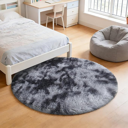 Tie-Dyed Black Fluffy Round Rug,Soft Area Rugs for Girls Room,Shaggy Rugs 3'X3' for Living Room,Non Slip Circle Rug for Kids Bedroom,Shag Plush Nursery Rug,Plush Carpet for Dorm,Cute Furry Room Decor