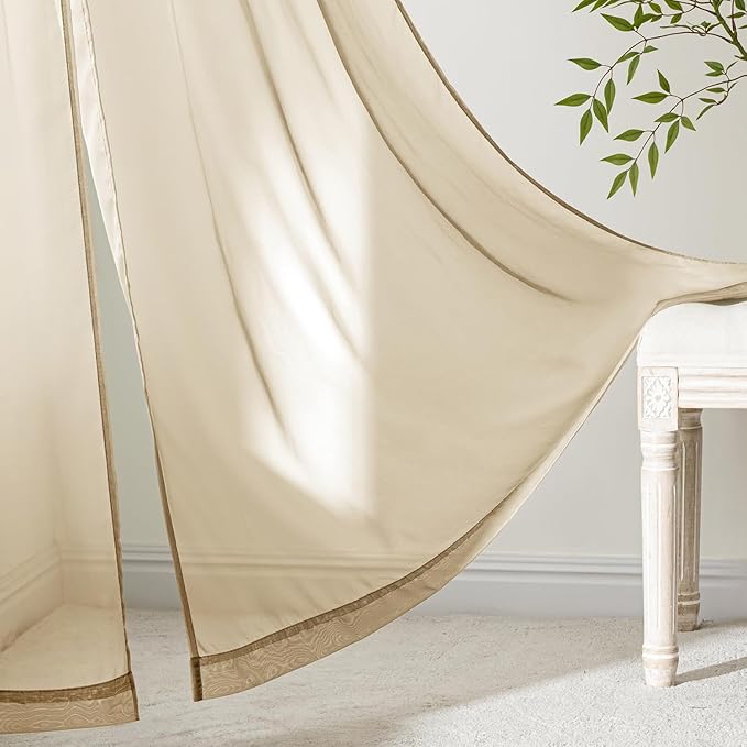 MIULEE Beige Sheer Curtains 90 Inches Long, 4 Panels Set, Rod Pocket Voile Drapes Light Filtering and Semi Transparent, Elegant Window Treatments for Bedroom Living Room,54 x 90 Inches