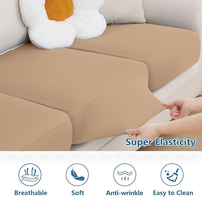 hyha Milk Silk Couch Cushion Covers, Soft Magic Sofa Covers Washable for 2 Cushion Couch, Stretch Sectional Outdoor Cushion Covers for Patio Furniture with Elastic Bottom(Medium, Camel)