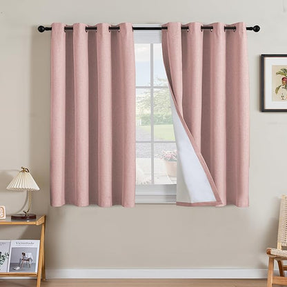 H.VERSAILTEX Linen Curtains 100% Blackout Curtains for Bedroom 45 inch Long Full Light Blocking Nature Linen Blended Window Curtains for Living Room Nickel Grommet (2 Panels, Heathered Baby Pink)