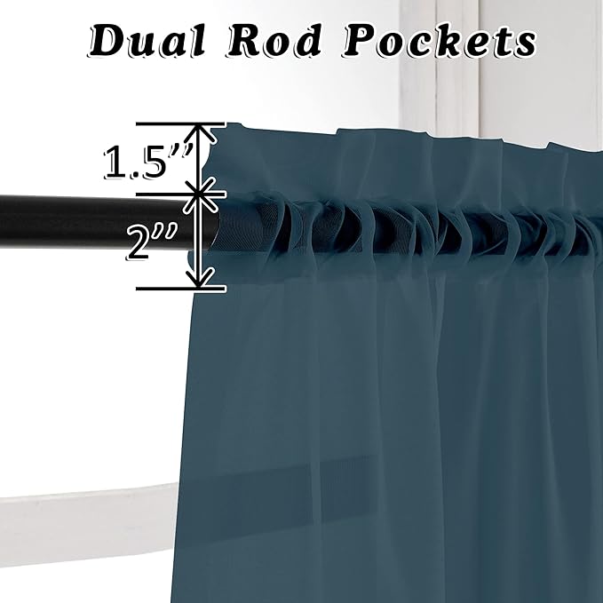 OVZME Dusty Blue Sheer Curtains 36 inches Long, Short Kitchen Window Treatment Solid Sheers Cafe Curtains Bathroom Voile Half Window Curtains 2 Panels, Rod Pocket, 42" Wx36 L