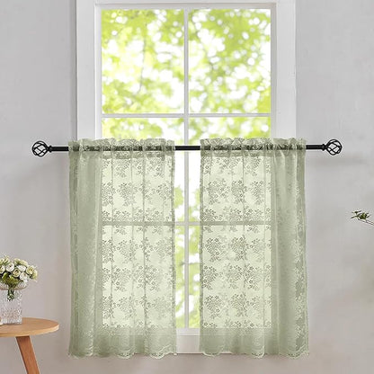 YJ YANJUN Vintage Lace Curtains 36 Inch Length-Victorian Floral Pattern Boho Sage Green Kitchen Window Curtains Over Sink Set of 2 Camper Window Privacy Drapes that Let Light in Spring 26x36 Inch