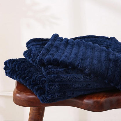 Navy Blue Fleece Throw Blanket 60”×80” for Couch Sofa Bed,Super Soft Cozy Plush Microfiber Flannel Blanket with Stripes Design Lightweight for Adults,Woman,Girls