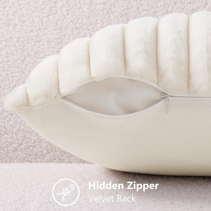 decorUhome Summer Cozy Faux Fur Throw Pillow Covers 18x18 Set of 2 Decorative Soft Plush Striped Modern Farmhouse Boho Couch Pillow Cases with Velvet Back for Sofa Bed Living Room, Cream White