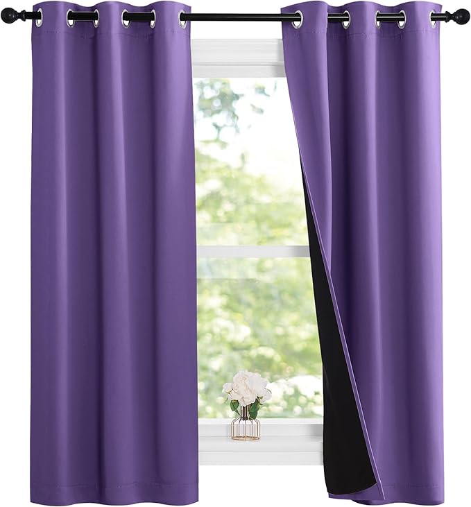 NICETOWN 100% Blackout Short Curtains with Black Liners, 2 Panels, 37" W by 60" L, Lilac Purple, Thermal Insulated Full Blackout 2-Layer Lined Drapes, Energy Efficiency Window Draperies for Bedroom
