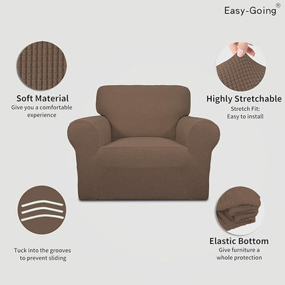 Easy-Going Stretch Chair Sofa Slipcover 1-Piece Couch Sofa Cover Furniture Protector Soft with Elastic Bottom for Kids, Pet. Spandex Jacquard Fabric Small Checks (Chair, Brown)