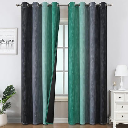 Estelar Textiler Black and Green Ombre Blackout Curtains & Drapes for Living Room, Thermal Insulated Grommet Energy Saving Window Gradient Curtains for Bedroom, 52Wx108L, 2 Panels