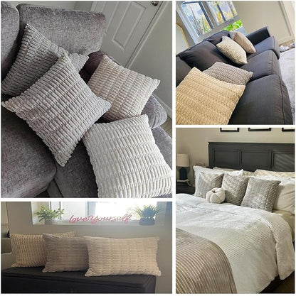 Fancy Homi 4 Packs Neutral Long Lumbar Decorative Throw Pillow Covers 14x24 Inch for Living Room Couch Bed, Boho Home Decor, Soft Striped Corduroy Rectangle Accent Grey Cushion Case 35x60 cm