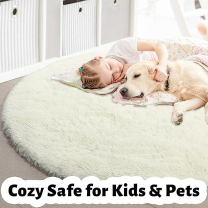 Amdrebio Ivory White Round Circle Rug 6Ft for Kids Bedroom Aesthetic, Big Shag Fluffy Fuzzy Boho Area Rugs for Living Room, Circular Plush Soft Shaggy Cream Carpet for Baby Nursery Teen Girls Boys