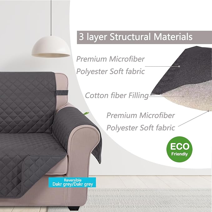 U-NICE HOME Recliner Chair Covers Reversible Quilted Water Repellent Pet Protectors with Elastic Straps (23''Recliner Small, Dark Grey/Dark Grey)