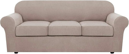 H.VERSAILTEX 4 Piece Stretch Sofa Covers for 3 Cushion Couch Covers for Living Room Slipcovers (Base Cover Plus 3 Seat Cushion Covers) Upgraded Thicker Jacquard Fabric (Sofa, Sand)