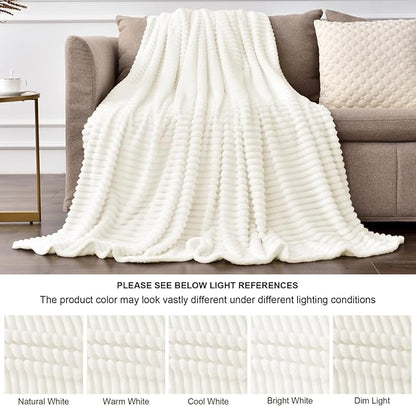 BEDELITE Fleece Blanket King Size – 3D Ribbed Jacquard Soft and Warm Decorative Fuzzy Blankets – Cozy, Fluffy, Plush Lightweight Throw Blankets for Couch, Bed, Sofa(Cream, 108x90 inches)