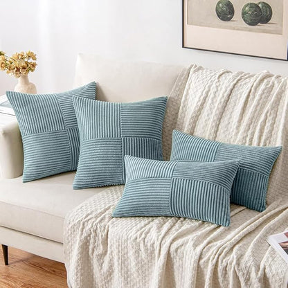 MIULEE Sky Blue Decorative Lumbar Throw Pillow Covers 12x20 Inch for Couch Bed Sofa Pack of 2 Boho Farmhouse Throw Pillows Soft Cross Corduroy Patchwork Textured Cushion Cases