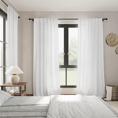Extra Long White Curtain 108 inches Long 2 Panels Set for Living Room Back Tab Modern Farmhouse Coastal Decor Cotton Textured Off White Sheer Linen Curtains 108 inch Length for Large Window 9 FT