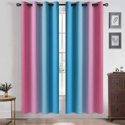 Yakamok Ombre Pink and Blue Curtains for Bedroom, Gradient Room Darkening Curtains, Grommet Thermal Insulated Light Blocking Window Drapes/Curtain for Living Room,52 x 72 Inch,2 Panels