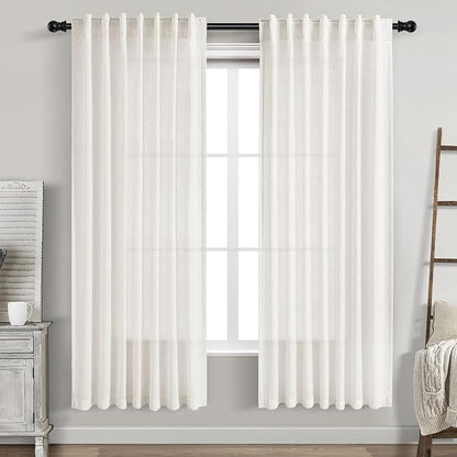 Beige White Linen Curtains 72 Inch Length for Living Room Lightweight Door Drapes 2 Panels Set for Kids Bedroom Sheer Light Filtering Back Tab Rod Pocket Curtain for Kitchen Protect Privacy 52x72