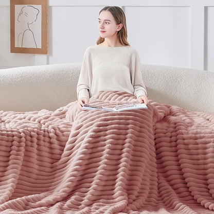 BEDELITE Fleece Throw Blanket for Couch - 300GSM Soft & Warm Fluffy Dusty Pink Blanket, Decorative and Giftable Striped Blankets for Women, Men, 50"x70"