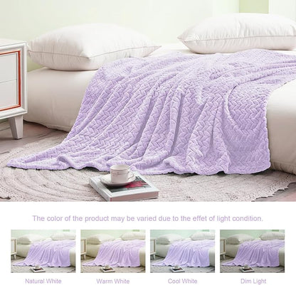 Exclusivo Mezcla Fleece Twin Size Blanket for Bed, 60x80 Inches Soft Cozy Jacquard Flannel Blankets, Lightweight Fuzzy Plush Warm for Women, Lilac Purple