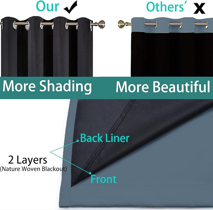 Yakamok 100% Blackout Lined Panels, Thermal Insulated Blackout Curtains for Bedroom, Heat Blocking Drapes for Living Room(52Wx84L, Stone Blue, 2 Panels)