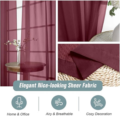 Extra Wide Sheer Curtains for Windows 108 inches Long, Lightweight Light Filtering Soft Drapes for Living Room Bedroom, Dual Rod Pocket Sheer Curtains, 2x59Wx108L inches, Burgundy, 9FT, 2PCS