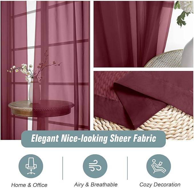 Extra Wide Sheer Curtains 120 Inches Long, Extra Long Light Filtering Modern Patio Curtains for Sliding Glass Door, Rod Pocket Voile Drapes for Living Room, Burgundy, 2x59Wx120L Inches, 10FT