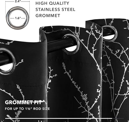 Deconovo Black Blackout Curtains, Thermal Insulated Soundproof Privacy Curtain Drapes, Branch Foil Print, 42 x 84 Inch Long, 2 Panels, Machine‑Washable Window Panel for Bedroom Living Room Office Home
