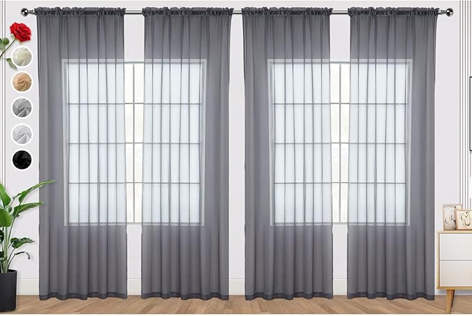 SpaceDresser Grey Sheer Curtains 4 Panels Rod Pocket Semi-Sheer Curtain 84 Inches Long Light Filtering Voile Window Drapes for Bedroom Living Room Kitchen, Each 52W x 84L