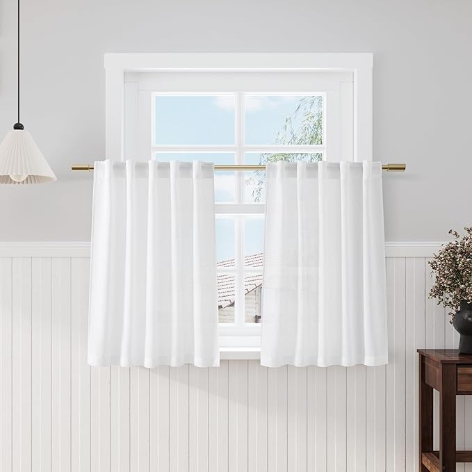 Nanspring White Kitchen Curtains 36 Inch Length 2 Panels Set Linen Blend Back Tab Privacy Light Filtering Cafe Curtain Modern Neutral Short Tier Curtains for Small Window Bathroom RV Camper 30x36
