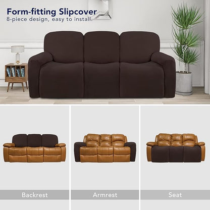PureFit Super Stretch 3 Seats Recliner Chair Sofa Couch Cover with Pocket – Non Slip Soft Sofa Slipcover, Washable Spandex Reclining Furniture Protector for Kids, Pets (Recliner Sofa, Chocolate)