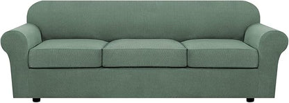 H.VERSAILTEX 4 Piece Stretch Sofa Covers for 3 Cushion Couch Covers for Living Room Furniture Slipcovers (Base Cover Plus 3 Seat Cushion Covers) Upgraded Thicker Jacquard Fabric (XL Sofa, Loden Frost)