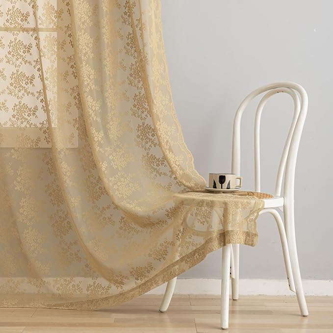 YJ YANJUN Vintage Lace Curtains 72 Inches Long-Victorian Floral Pattern Tan Sheer Curtain Panels for Living Room Bedroom,Light Filtering, Rustic Farmhouse Neutral Decor 2 Panels 52W x 72L Taupe