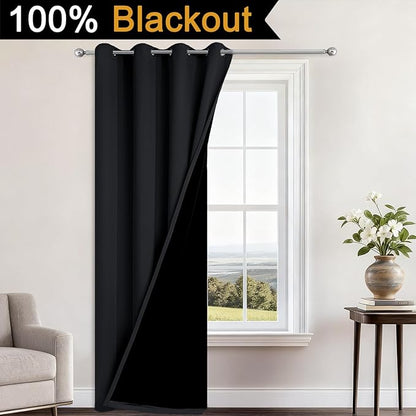 Yakamok 100% Blackout Curtains 96 Inches Long, 2 Thick Layers Heat and Full Light Blocking Soft Thermal Insulated Drapes for Bedroom(52" Wide Each Panel, Black, 1 Panel)