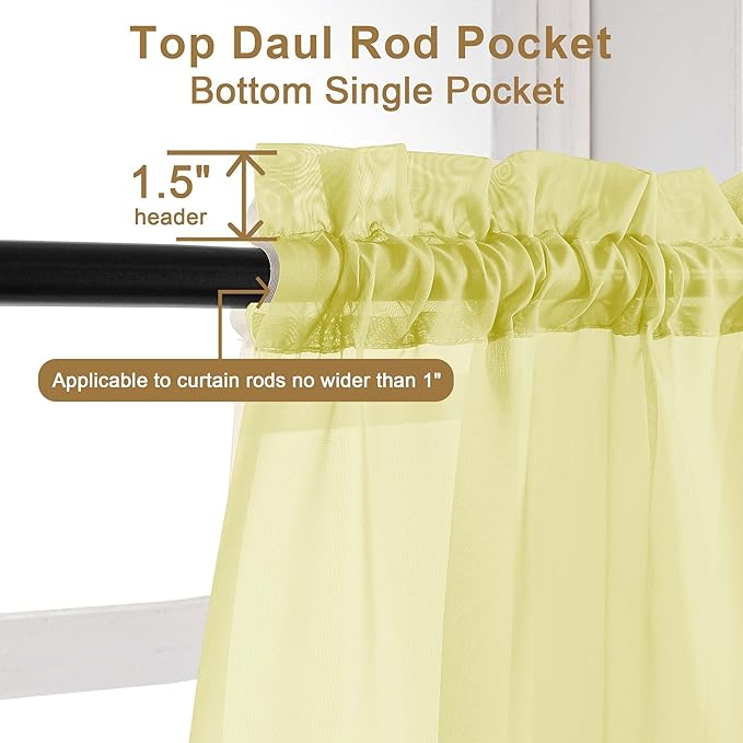 Chyhomenyc Lemon Sheer Curtains 45 Inch Long 2 Panels, Light Filtering Short Soft Airy Short Cafe Curtains, Modern Rod Pocket for Dinning Living Room Bedroom, 42Wx45L Inches