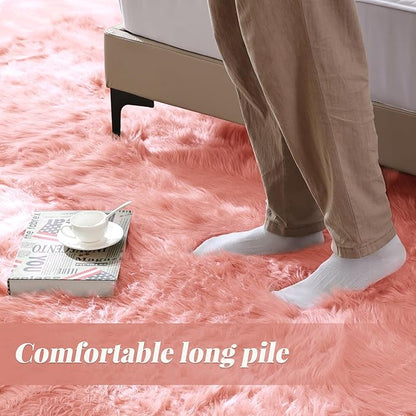 ORINOVA Pink Washable Fluffy Circle Rugs for Bedroom Small Faux Sheepskin Shag Fur Round Rugs 4ft Nursery Rug Cute Room