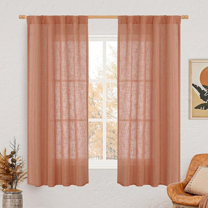 LAMIT Terracotta Linen Semi Sheer Curtains 63 Inch for Bedroom, Light Filtering Neutral Window Curtains Farmhouse Boho Back Tab and Rod Pocket Panels, 2 Panels, 38 x 63 Inch